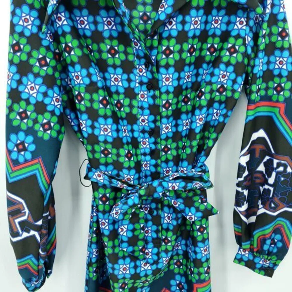 VTG Lanvin Spread Collar Patterned Self-Belt Shirt Dress M/L Blue/Green Print